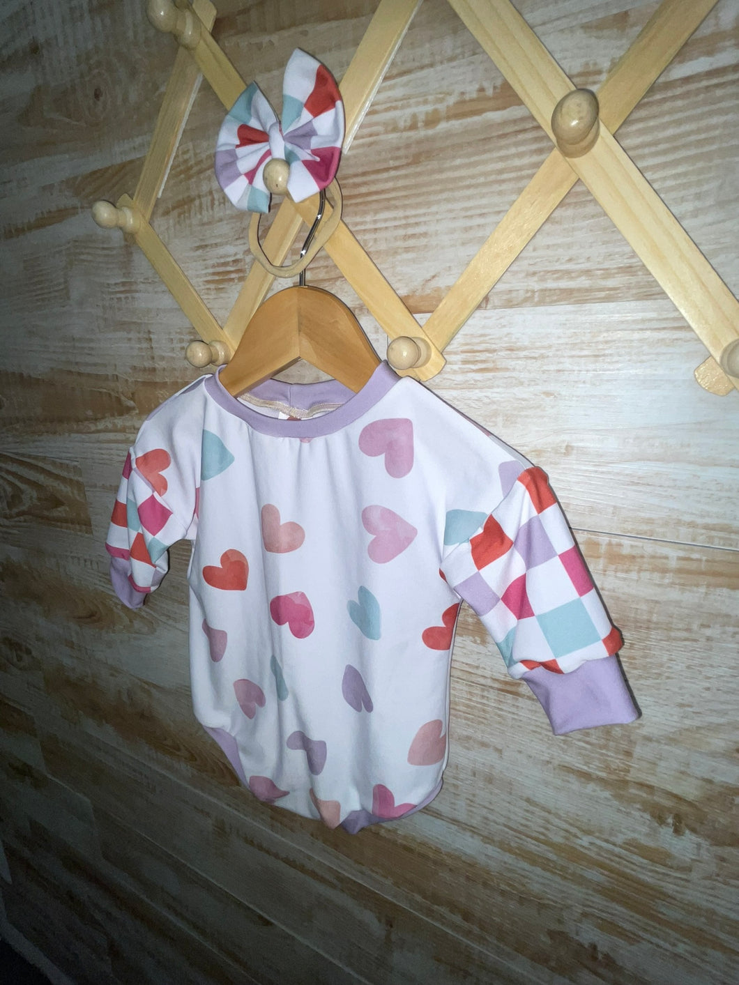 RTS 3/6M Hearts and Checker Romper with Bow