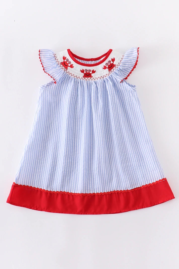 Blue Stripes Crab Smocked Dress